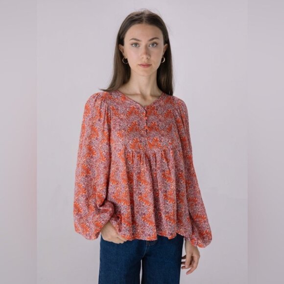 Solitaire Tops - Solitaire Red Floral Boho Peasant Blouse Balloon Sleeve Medium